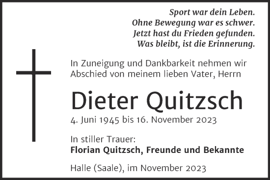 Traueranzeige von Dieter Quitzsch von Mitteldeutsche Zeitung Halle/Saalkreis
