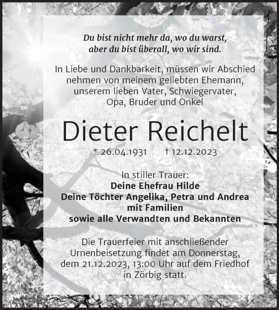 Traueranzeige von Dieter Reichelt von Trauerkombi Bitterfeld