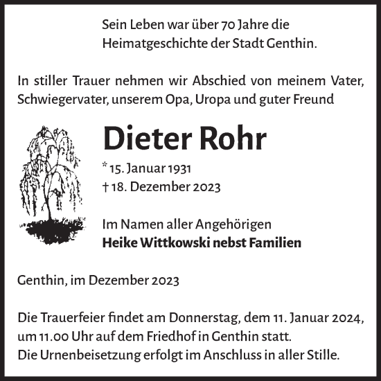 Traueranzeige von Dieter Rohr von Volksstimme Burg/Genthin