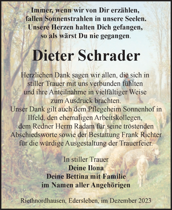 Traueranzeige von Dieter Schrader von Trauerkombi Sangerhausen