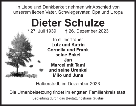Traueranzeige von Dieter Schulze von Volksstimme Halberstadt