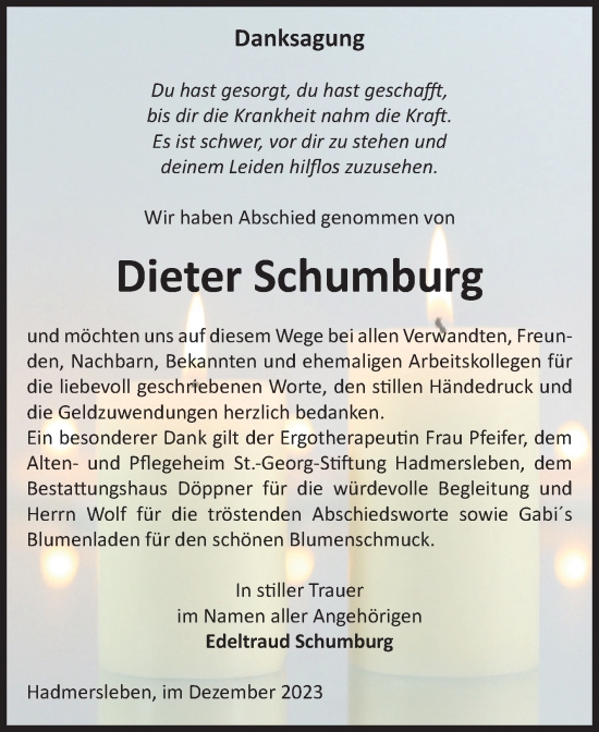 Traueranzeige von Dieter Schumburg von Volksstimme Oschersleben/Wanzleben
