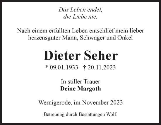 Traueranzeige von Dieter Seher von Volksstimme Wernigerode