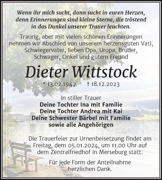 Traueranzeige von Dieter Wittstock von Trauerkombi Merseburg