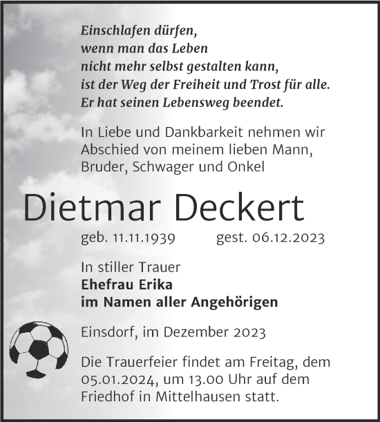 Traueranzeige von Dietmar Deckert von Trauerkombi Sangerhausen