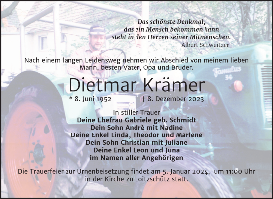 Traueranzeige von Dietmar Krämer von Trauerkombi Zeitz