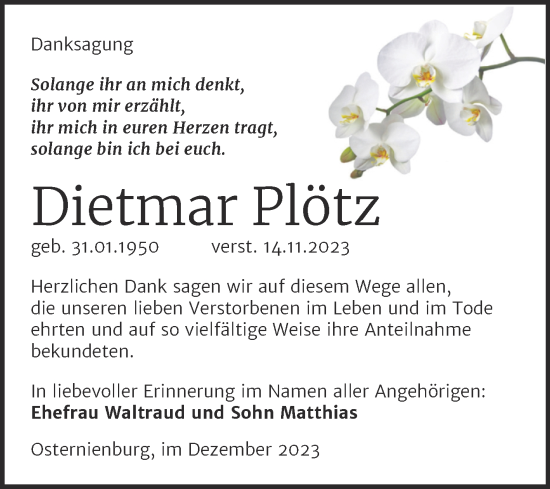 Traueranzeige von Dietmar Plötz von Trauerkombi Köthen