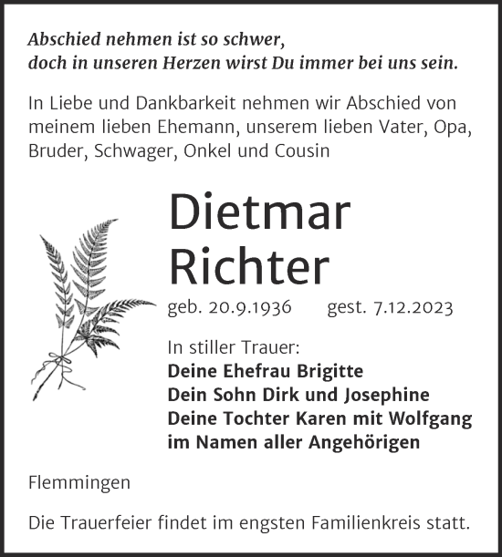 Traueranzeige von Dietmar Richter von Wochenspiegel Naumburg/Nebra