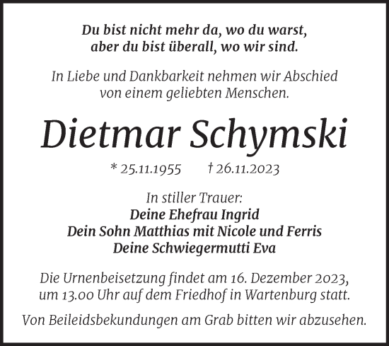 Traueranzeige von Dietmar Schymski von Super Sonntag Wittenberg