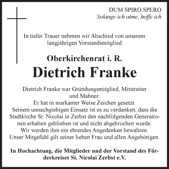 Traueranzeige von Dietrich Franke von Volksstimme Zerbst