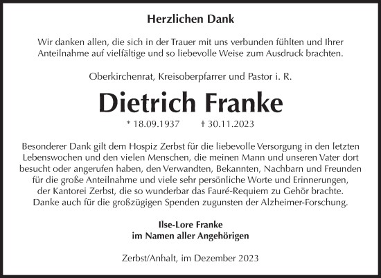 Traueranzeige von Dietrich Franke von Volksstimme Zerbst