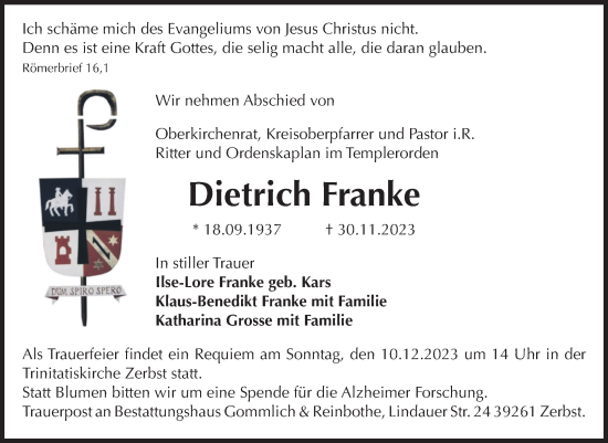 Traueranzeige von Dietrich Franke von Mitteldeutsche Zeitung Bitterfeld