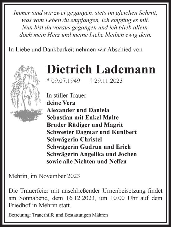 Traueranzeige von Dietrich Lademann von Volksstimme Altmark West
