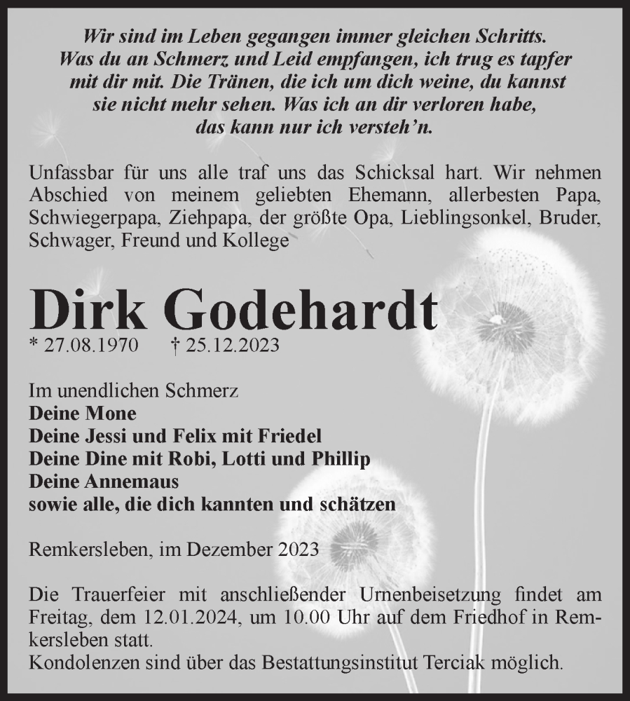  Traueranzeige für Dirk Godehardt vom 30.12.2023 aus Volksstimme Oschersleben/Wanzleben