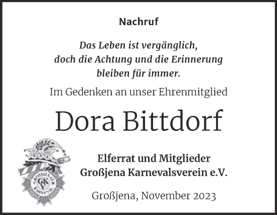 Traueranzeige von Dora Bittdorf von Naumburger Tageblatt
