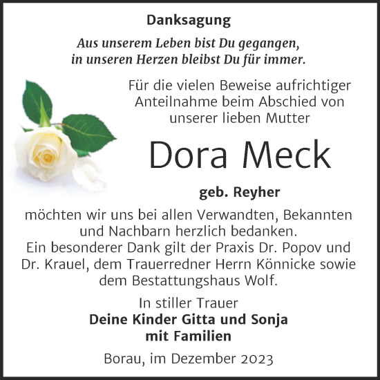 Traueranzeige von Dora Meck von Trauerkombi Weißenfels