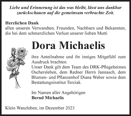 Traueranzeige von Dora Michaelis von Volksstimme Oschersleben/Wanzleben
