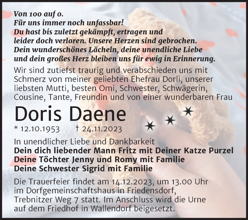  Traueranzeige für Doris Daene vom 02.12.2023 aus Trauerkombi Merseburg