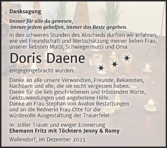 Traueranzeige von Doris Daene von Trauerkombi Merseburg