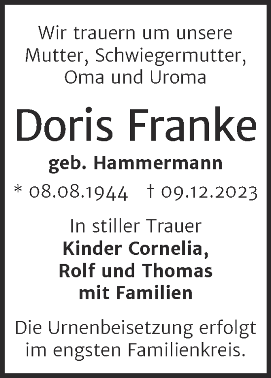 Traueranzeige von Doris Franke von Trauerkombi Bernburg