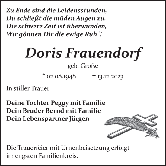 Traueranzeige von Doris Frauendorf von Trauerkombi Bitterfeld