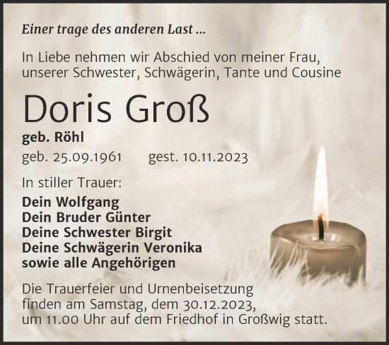 Traueranzeige von Doris Groß von Trauerkombi Wittenberg