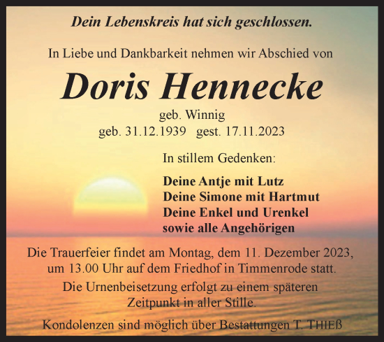 Traueranzeige von Doris Hennecke von Volksstimme Wernigerode