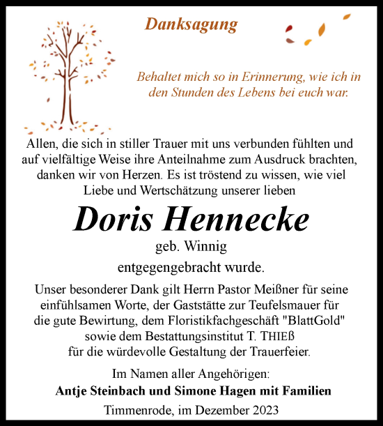 Traueranzeige von Doris Hennecke von Volksstimme Wernigerode