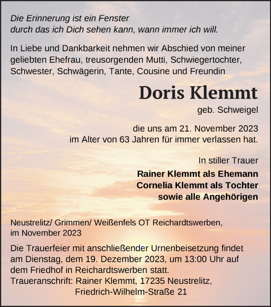 Traueranzeige von Doris Klemmt von Mitteldeutsche Zeitung Weißenfels