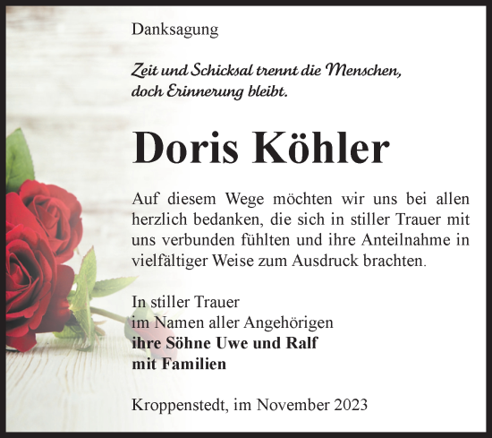 Traueranzeige von Doris Köhler von Volksstimme Oschersleben/Wanzleben