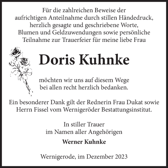 Traueranzeige von Doris Kuhnke von Volksstimme Wernigerode