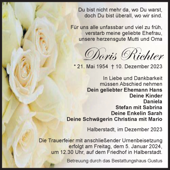 Traueranzeige von Doris Richter von Volksstimme Halberstadt