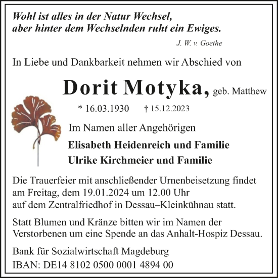 Traueranzeige von Dorit Motyka von Trauerkombi Dessau