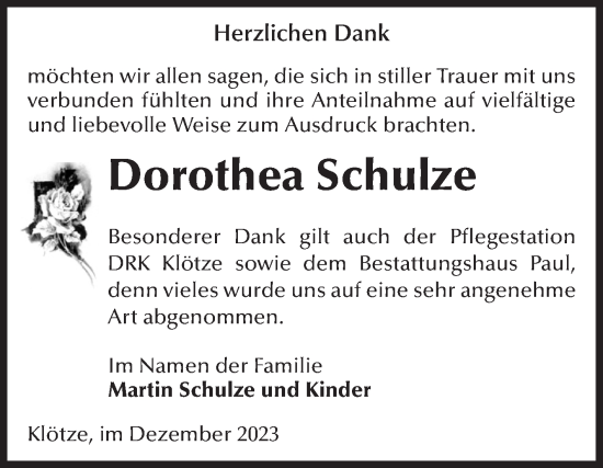 Traueranzeige von Dorothea Schulze von Volksstimme Altmark West