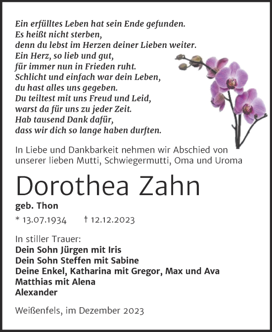 Traueranzeige von Dorothea Zahn von Trauerkombi Weißenfels