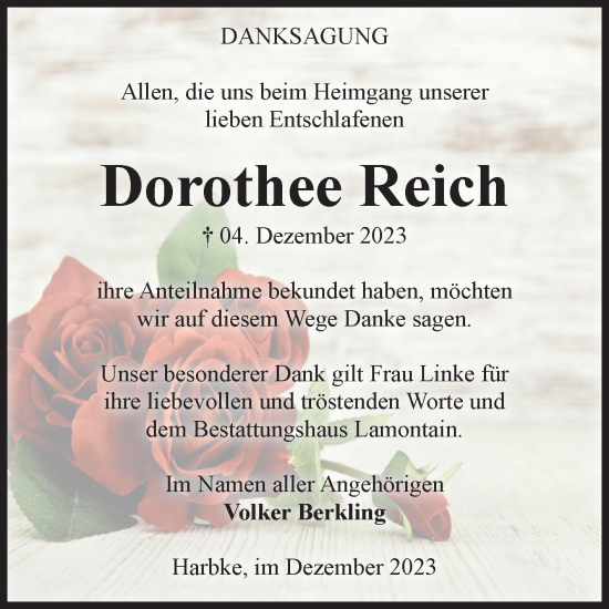 Traueranzeige von Dorothee Reich von Volksstimme Oschersleben/Wanzleben