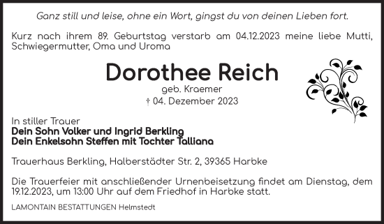 Traueranzeige von Dorothee Reich von Volksstimme Oschersleben/Wanzleben