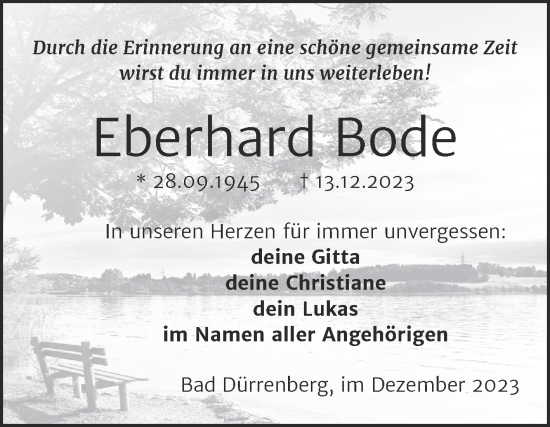 Traueranzeige von Eberhard Bode von Trauerkombi Merseburg