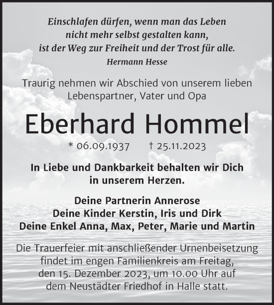 Traueranzeige von Eberhard Hommel von Mitteldeutsche Zeitung Halle/Saalkreis