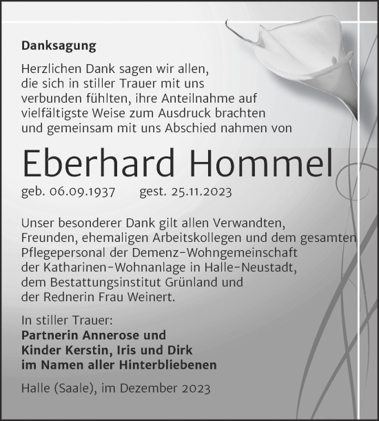 Traueranzeige von Eberhard Hommel von Mitteldeutsche Zeitung Halle/Saalkreis