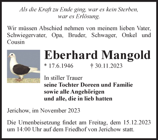Traueranzeige von Eberhard Mangold von Volksstimme Burg/Genthin