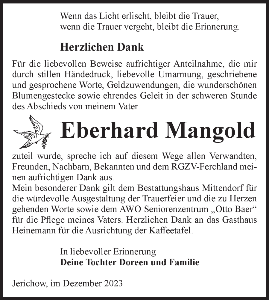  Traueranzeige für Eberhard Mangold vom 23.12.2023 aus Volksstimme Burg/Genthin