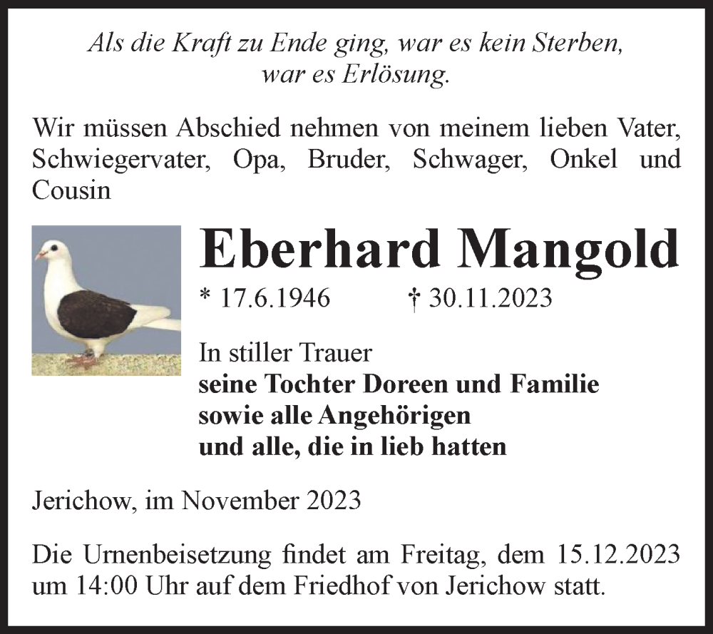  Traueranzeige für Eberhard Mangold vom 02.12.2023 aus Volksstimme Burg/Genthin