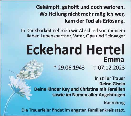 Traueranzeige von Eckehard Hertel von Wochenspiegel Naumburg/Nebra