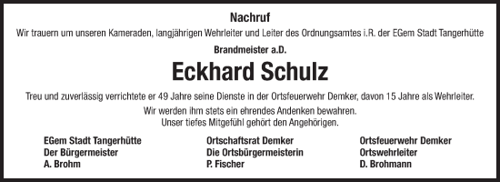 Traueranzeige von Eckhard Schulz von Volksstimme Altmark Ost