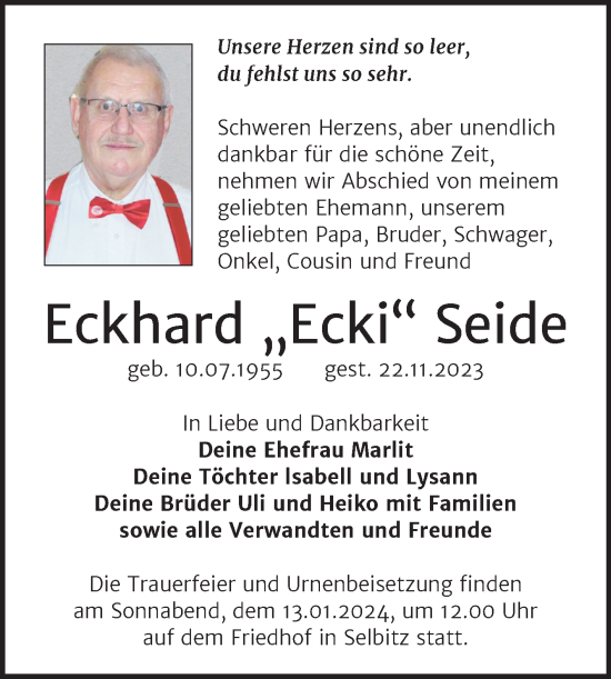 Traueranzeige von Eckhard Seide von Trauerkombi Wittenberg