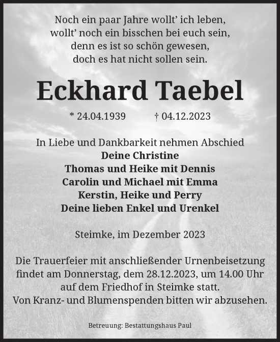 Traueranzeige von Eckhard Taebel von Volksstimme Altmark West
