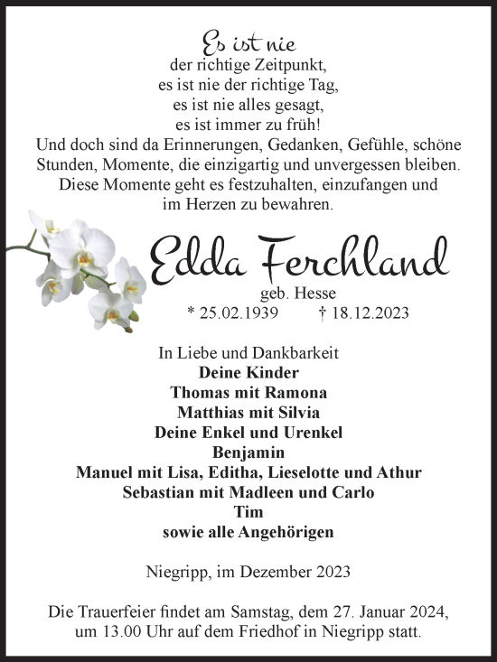 Traueranzeige von Edda Ferchland von Volksstimme Burg/Genthin