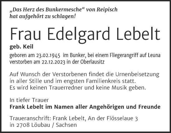 Traueranzeige von Edelgard Lebelt von Mitteldeutsche Zeitung Merseburg/Querfurt