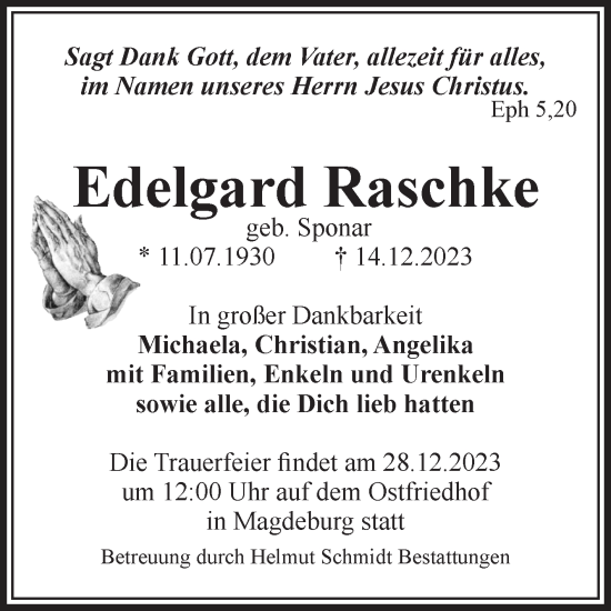 Traueranzeige von Edelgard Raschke von Volksstimme Oschersleben/Wanzleben